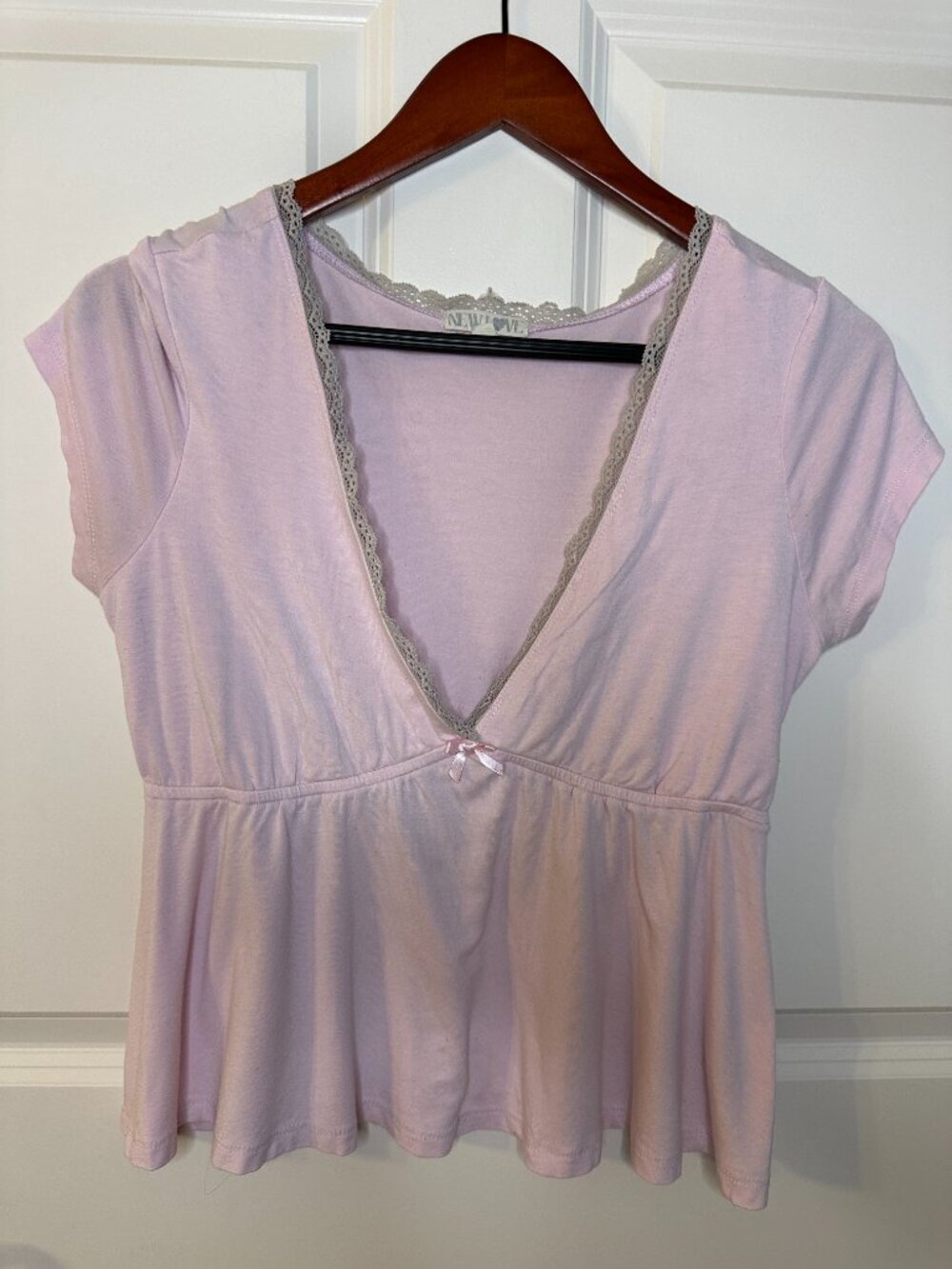 Y2K Pink Babydoll Empire Waist Lace Trim Fairy Coquette Balletcore Top